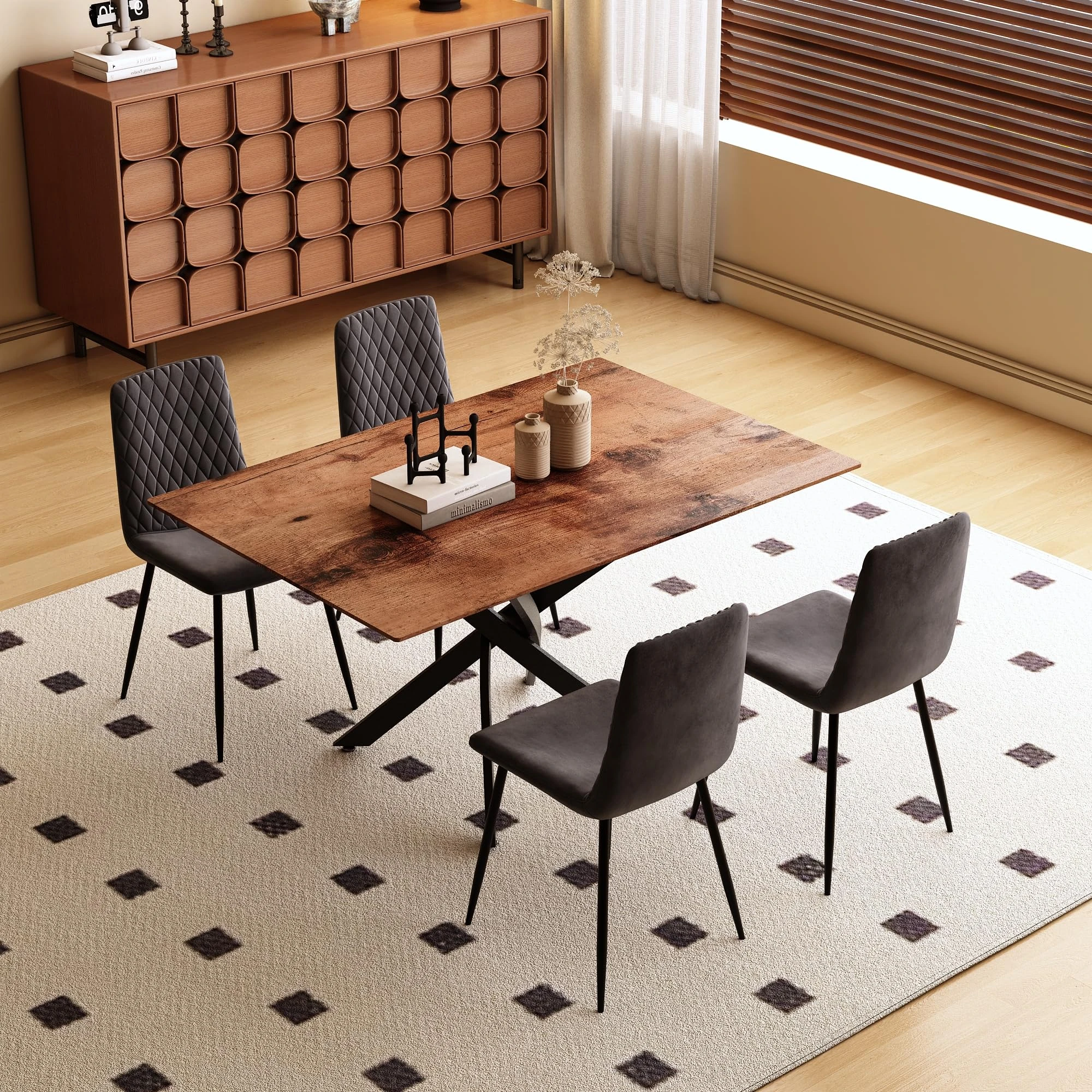 AOYA Dining Table and Chairs Set of 4, Wooden Dining Room Table Set Kitchen Table and Velvet Chairs Set of 4 with Black Metal Leg for Living Room Home Office, Grey