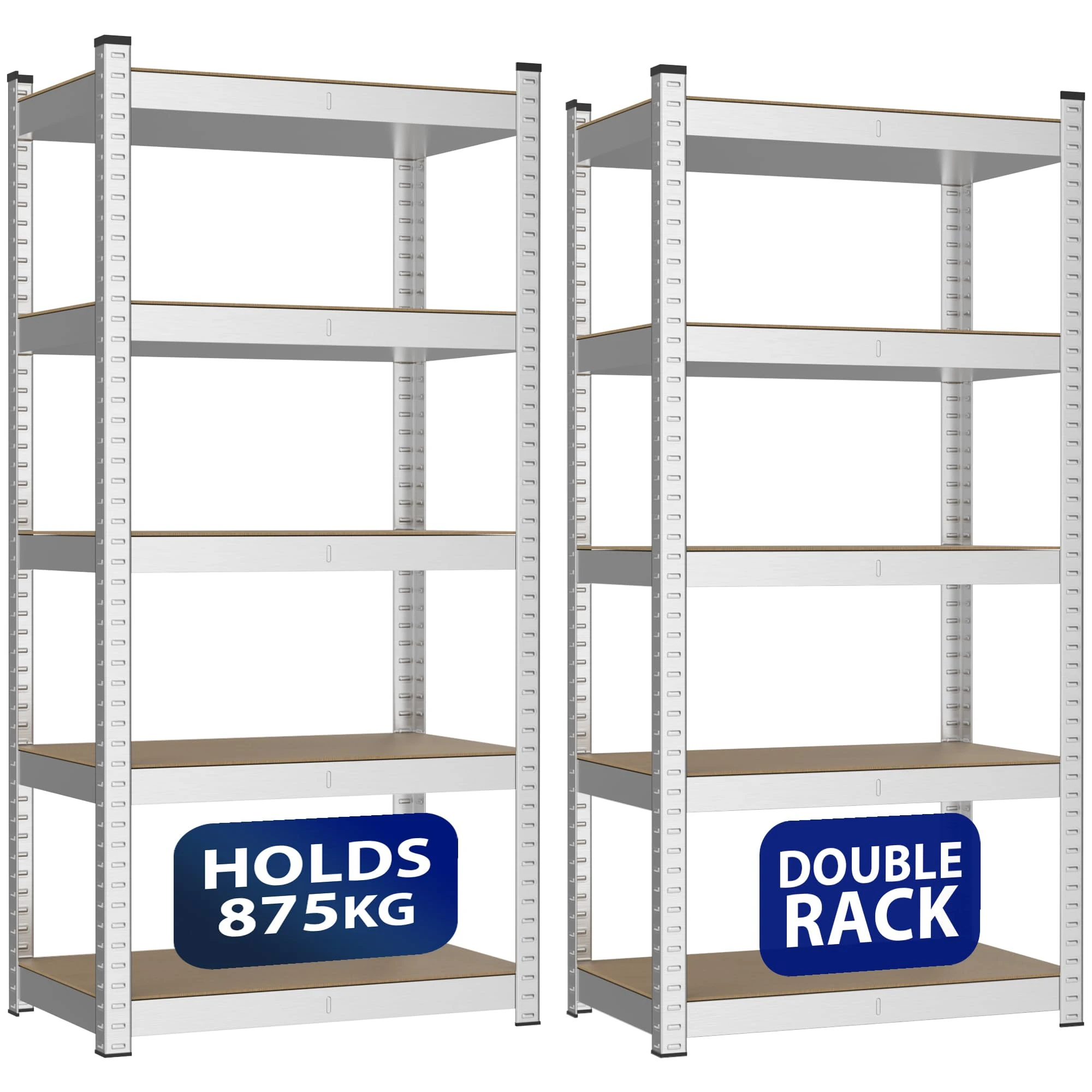 ZENO 5-Tier Garage Shelving Units | Set of 2 Shelving Units | Heavy Duty Garage Shelving | Shelving Unit For Storage | Metal Storage Shelves | Easy To Assemble | 875KG Load Capacity (Silver, Regular)