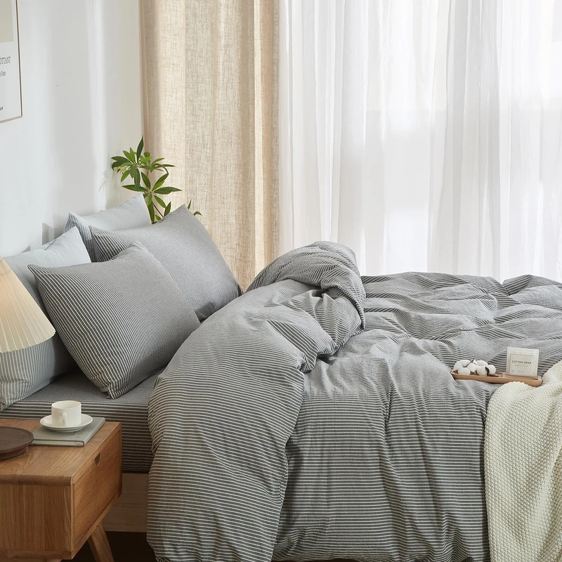 MWL Toy Striped Duvet Cover Set Queen Size 3 Pcs Breathable Durable 100% Washed Cotton Comforter Cover for All Seasons Chic Linen Like Textured Bedding Set (Dark Grey White Pinstripes, Queen)