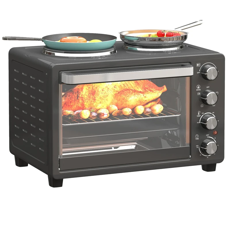 HOMCOM 28L Mini Oven with 2 Hot Plates, Countertop Toaster Oven, Grill, Roast, Bake, Boil, with Timer, Adjustable Temperature, Electric Oven with Baking Tray, Grill Rack, Crumb Tray, 2600W, Black