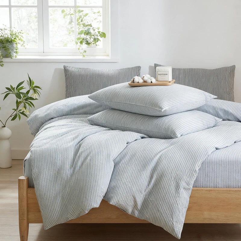 MWL Toy Striped Duvet Cover Set Full Size, 3 Pcs Breathable Durable 100% Washed Cotton Comforter Cover for All Seasons, Chic Linen Like Textured Bedding Set (Light Blue White Pinstripes, Full)