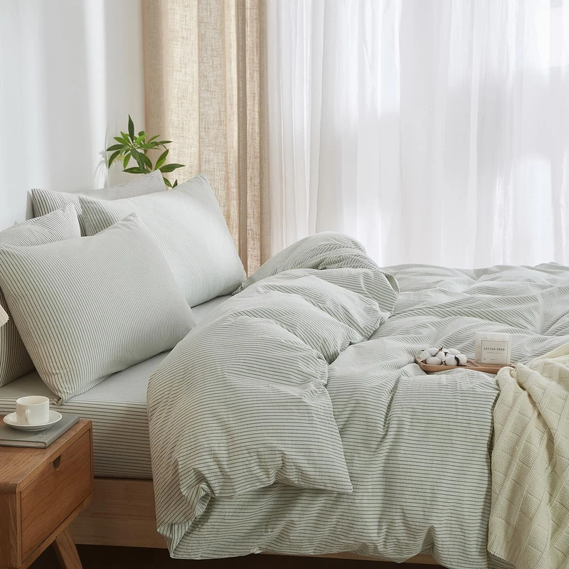 MWL Toy Striped Duvet Cover Set Queen Size 3 Pcs Breathable Durable 100% Washed Cotton Comforter Cover for All Seasons Chic Linen Like Textured Bedding Set (White Green Pinstripes, Queen)