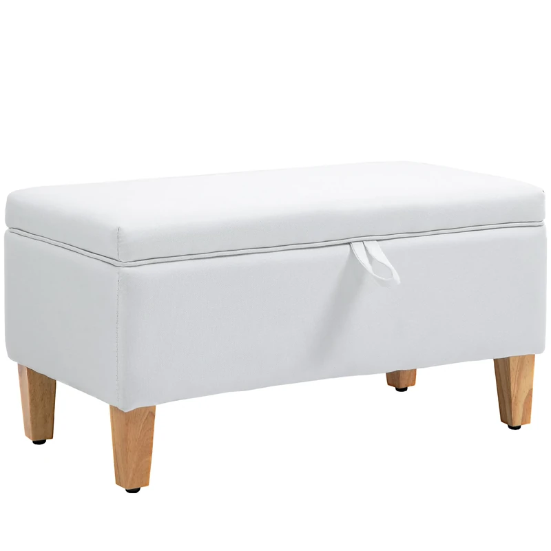 HOMCOM 30L Linen Storage Ottoman Padded Footstool with Rubberwood Legs for Storage Box, Bed End, Shoe Bench, Seating, Cream White