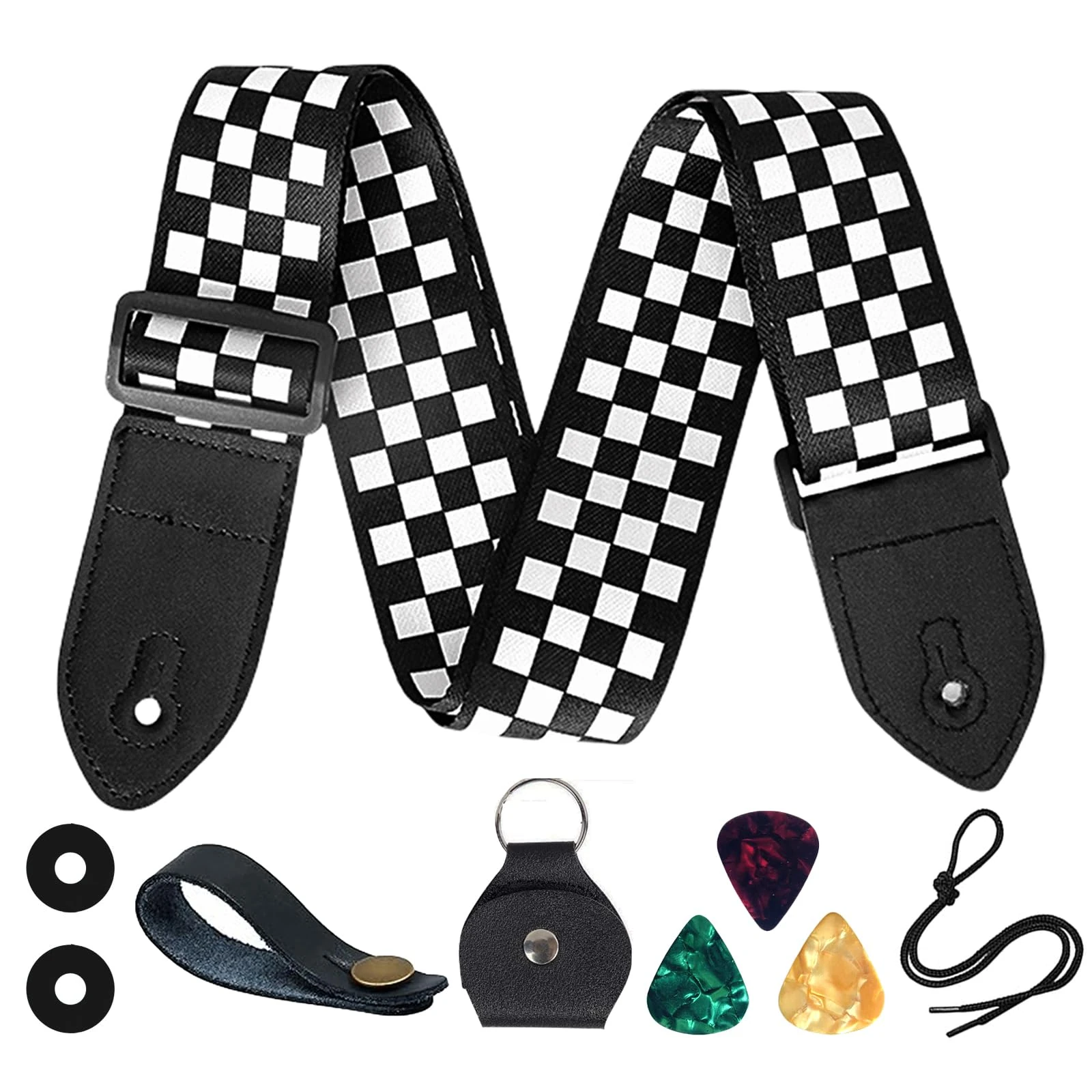 VIRAHYEM Guitar Strap,Leather Ends Guitar Shoulder Strap,Acoustic Guitar Strap,Nylon Personalised Checkerboard Guitar Straps for Acoustic,Classical,Electric,Bass Guitars,Gifts for Guitarists (Black)