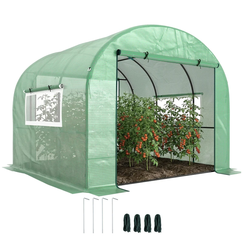Outsunny 3 x 3 x 2m Polytunnel Greenhouse with Doors and Mesh Windows, Walk-in Grow House Tent with UV-resistant PE Cover and Steel Frame, Green