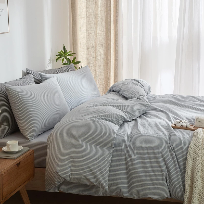 MWL Toy Striped Duvet Cover Set King Size 3 Pcs Breathable Durable 100% Washed Cotton Comforter Cover for All Seasons Chic Linen Like Textured Bedding Set (Light Blue White Pinstripes, King)