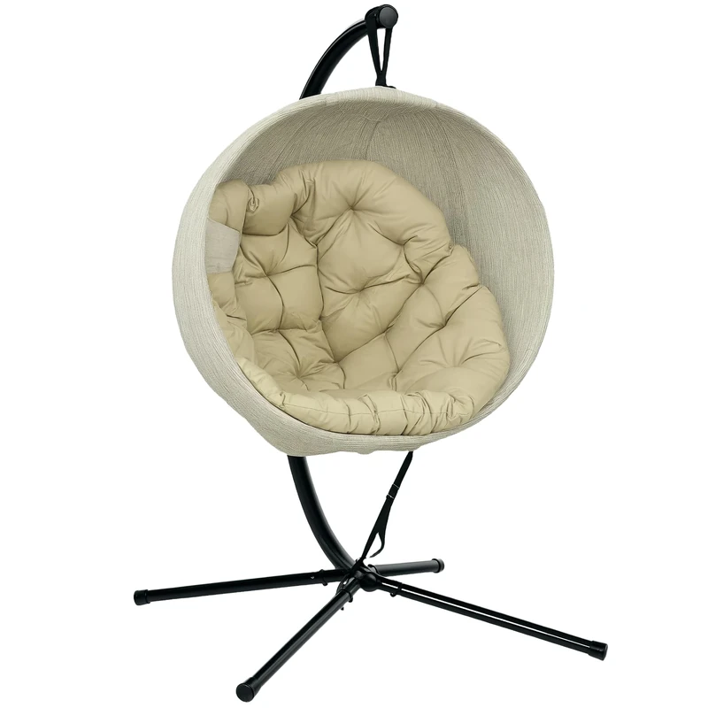 Outsunny Hanging Egg Chair Outdoor Indoor Garden Swing Chair with Folding Basket, Thickened Cushion, Cup Holder for Patio, Balcony, Khaki