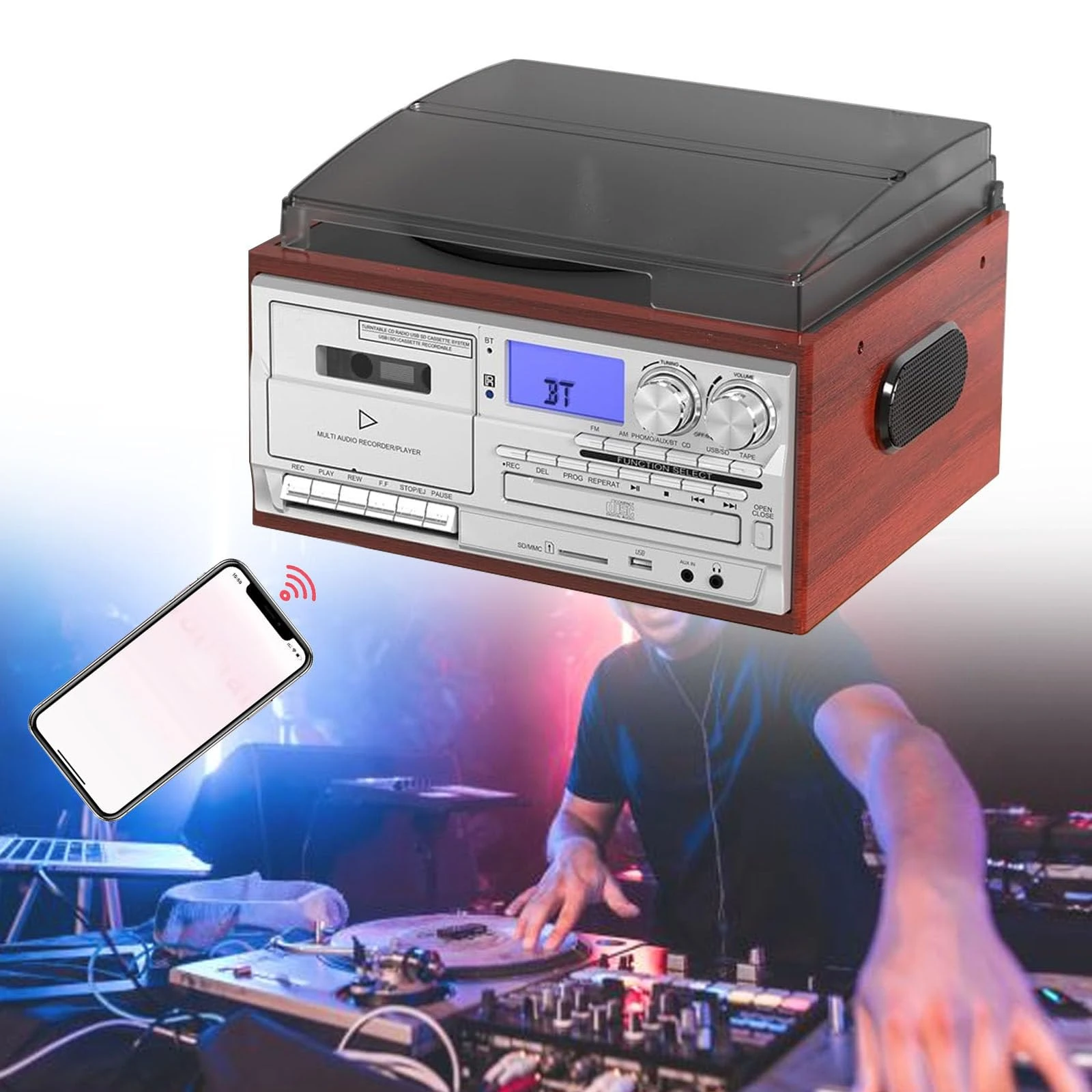 QFGain Vinyl Record Player with Speaker, Vintage Turntable Device, CD/MP3/Tape/SD Card Players, Support 3-Speed, Fully Automatic Belt-Drive Audio Turntable, Portable Phonograph,Silver