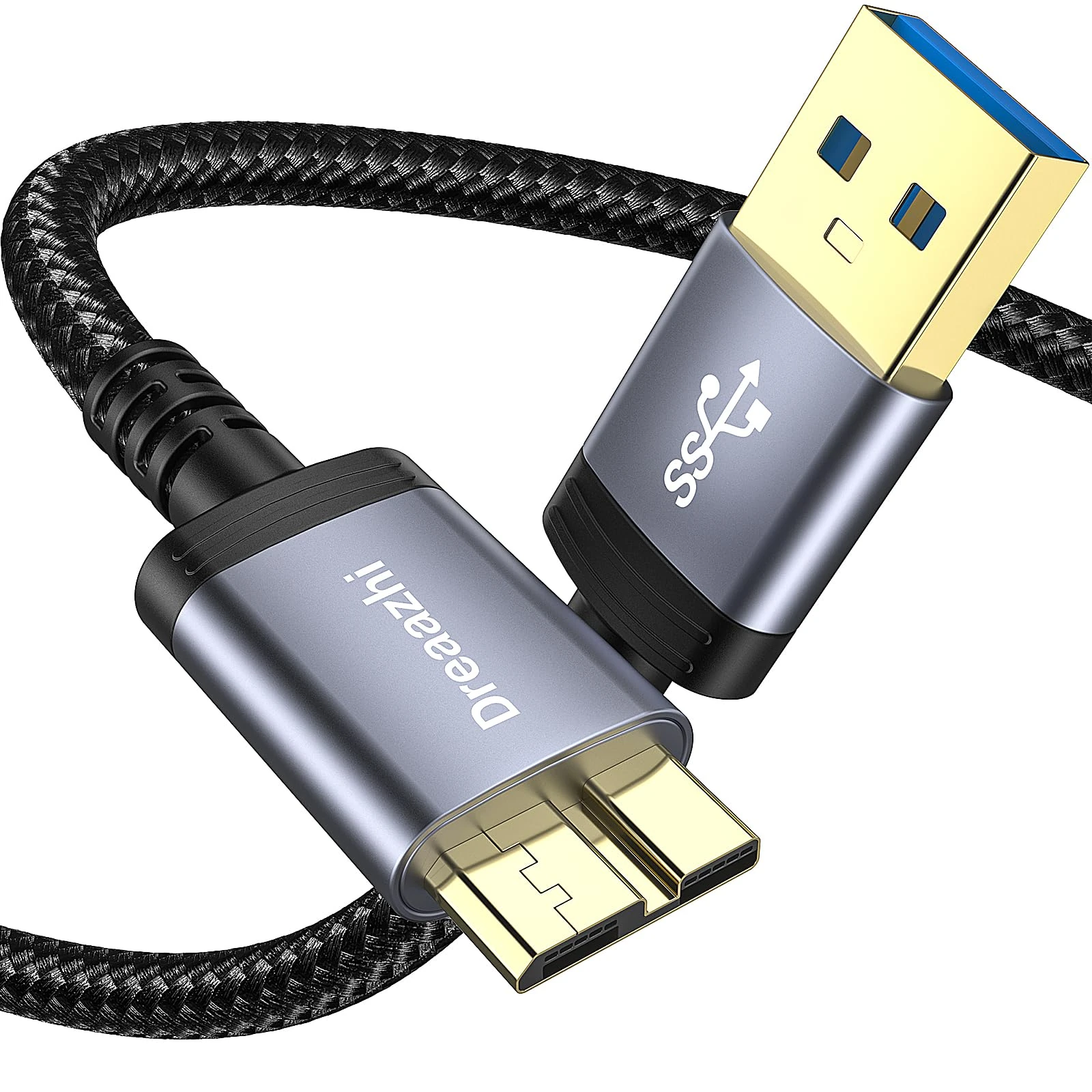 Dreaazhi Hard Drive Cable 0.5M, USB3.0A to Micro B 5Gbps External Hard Drive Cable Braid, Compatible WD Element, Seagate Expansion, LaCie Rugged,Galaxy S5 Note 3, Camera etc
