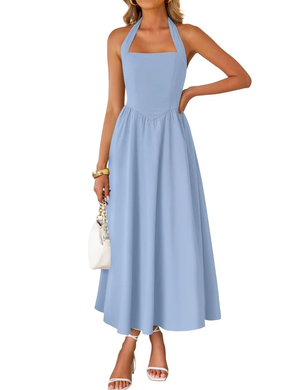 ZESICA Women's Summer Sleeveless Halter Midi Dress 2025 Off Shoulder High Waist Swing Flowy Beach Long Dresses, Blue, XL - Image 1