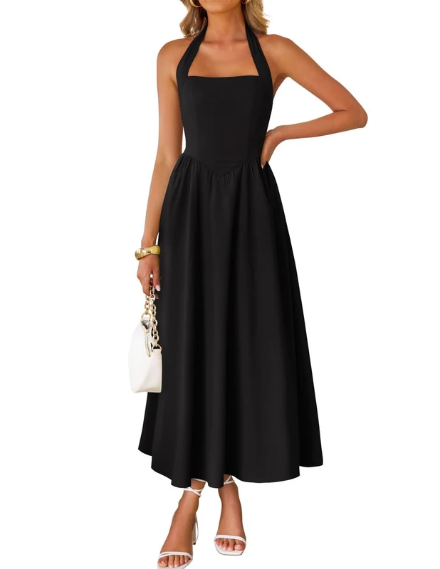 ZESICA Women's Summer Sleeveless Halter Midi Dress 2025 Off Shoulder High Waist Swing Flowy Beach Long Dresses, Black, S