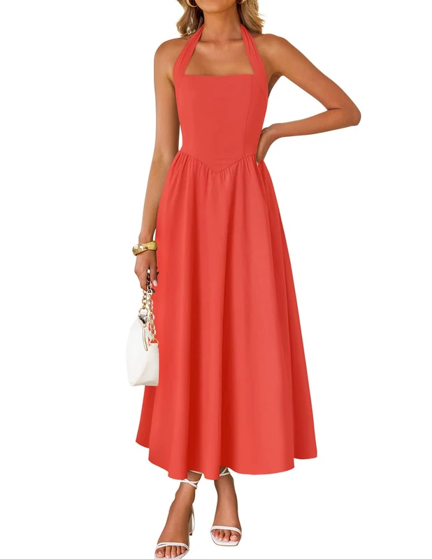 ZESICA Women's Summer Sleeveless Halter Midi Dress 2025 Off Shoulder High Waist Swing Flowy Beach Long Dresses, Watermelonred, M - Image 1