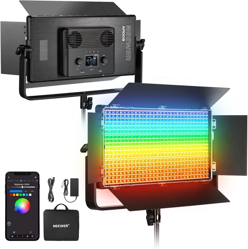 NEEWER AP100C RGB LED Video Light Panel Kit 105W + Barndoor, 1200 LEDs 31500Lux@0.5m 2500K-10000K CRI96+/TLCI97+ Dimmable, APP Control/2.4G/Panel/DMX, Lighting for Photo Video in Studio, AP100C