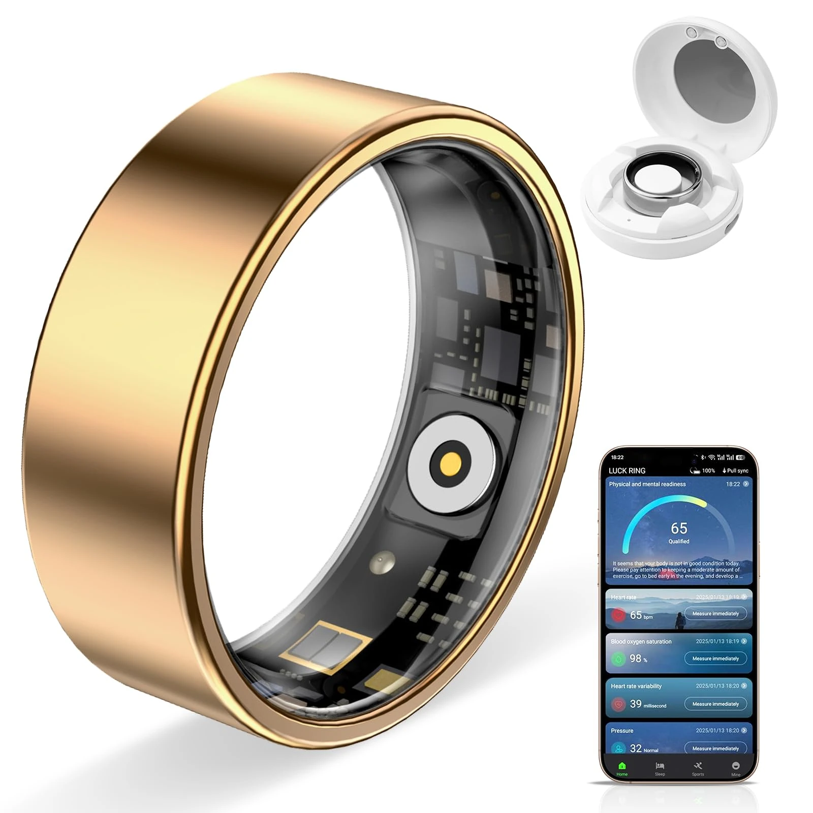 HPLSZCN Smart Ring, Size First, Health Ring No App Subscription, Heart Rate, Blood Oxygen, Fitness Monitor, Sleep Tracker, Women’s Health, Up to 7-Day Battery, Smart Rings for Men/Women (Gold, 9)