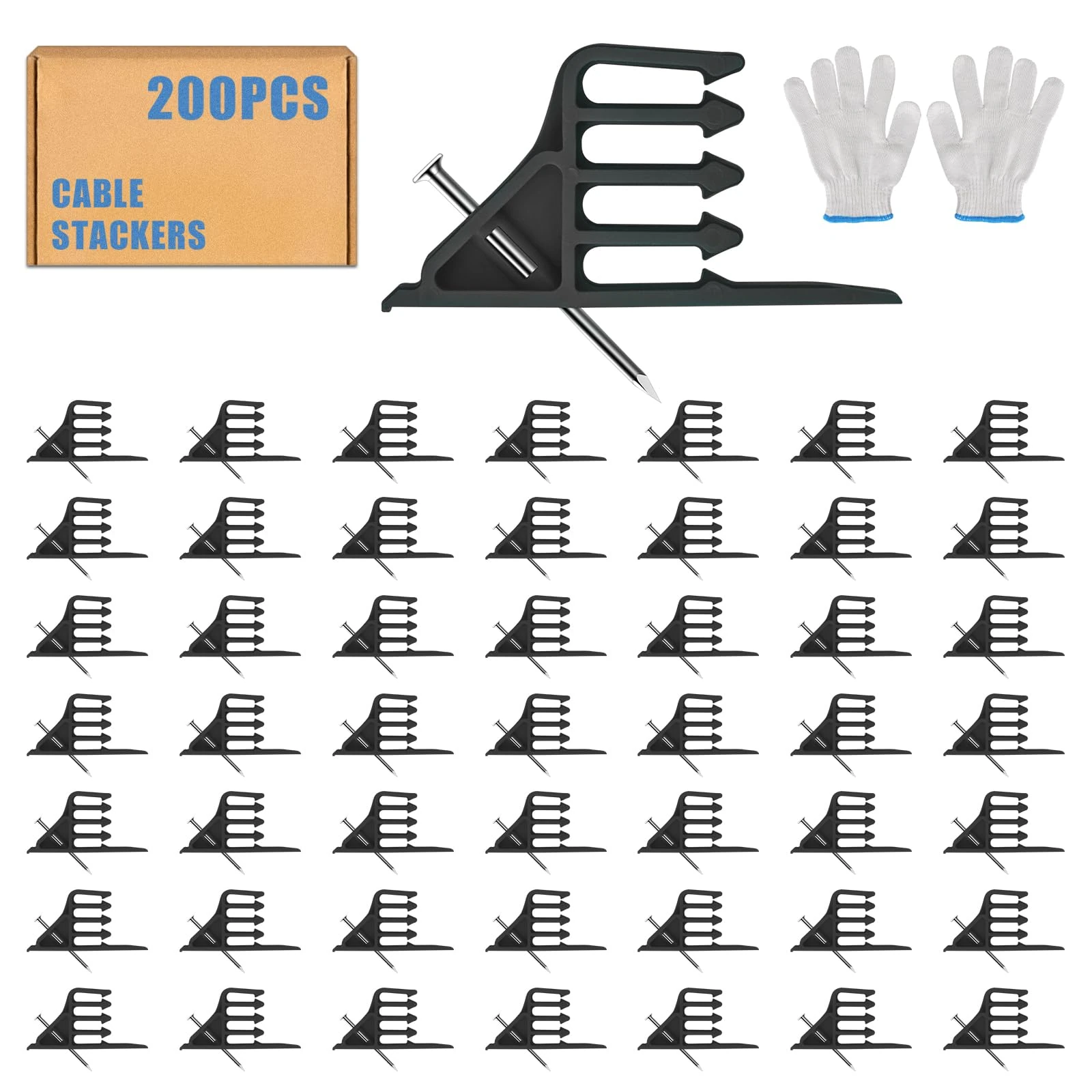 Cable Stackers 200Pcs, Cable Stapler Clips with Steel Nails, Multi-Purpose Electrical Wire Stackers, Insulated Cord Staples for Most Cable Types, Easy-to-Install