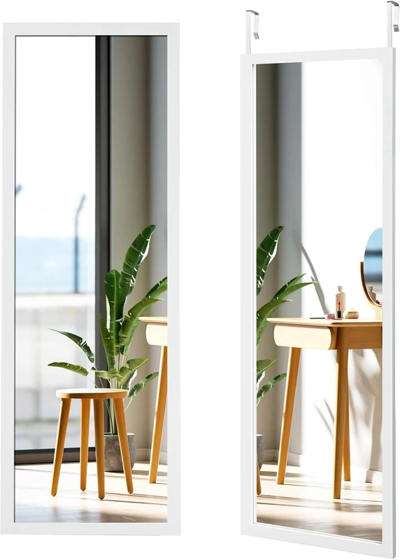FANTASK Wall Mirror, Door Mirror with Height-Adjustable Hanging Hook, Hanging Mirror 120 x 37 cm, Full Length Mirror