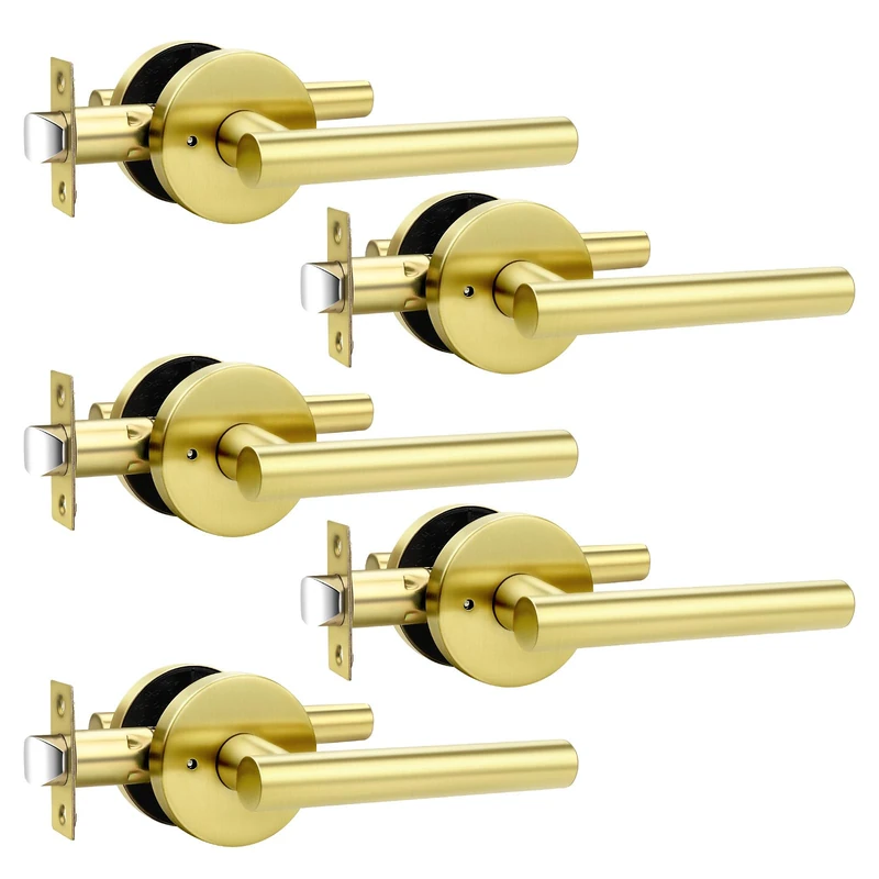 Orger Gold Door Handles Interior, Privacy Brushed Gold Door Levers with Lock, 304 Satinless Steels Keyless Door Handles for Bedroom and Bathroom, Reversible for Right & Left, 5 Pack