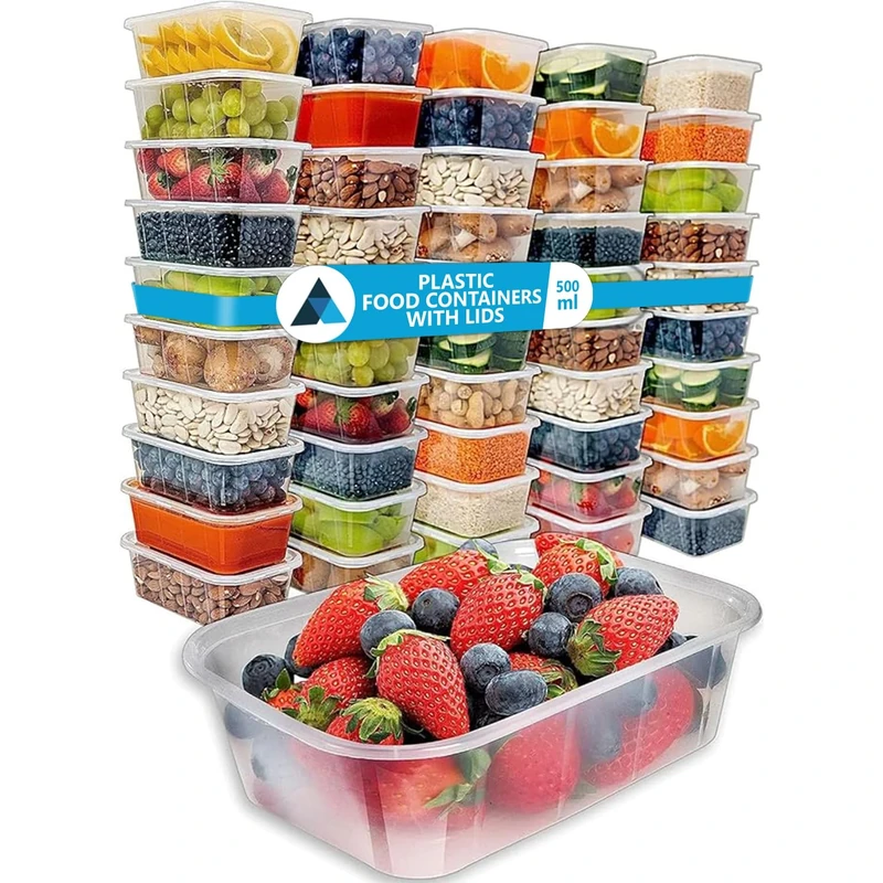 Nationwide Paper 500ml Food Containers with Lids, Plastic Reusable Rectangular Containers, Ideal For Takeaways & Restaurants, Microwave & Freezer Safe & Dishwasher Safe BPA Free Food Boxes (250 pcs)