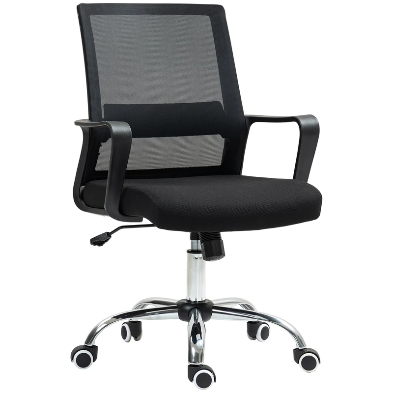 Vinsetto Office Chair with Adjustable Height, Breathable Mesh Desk Chair with Armrest and 360° Swivel Castor Wheels, Full Black