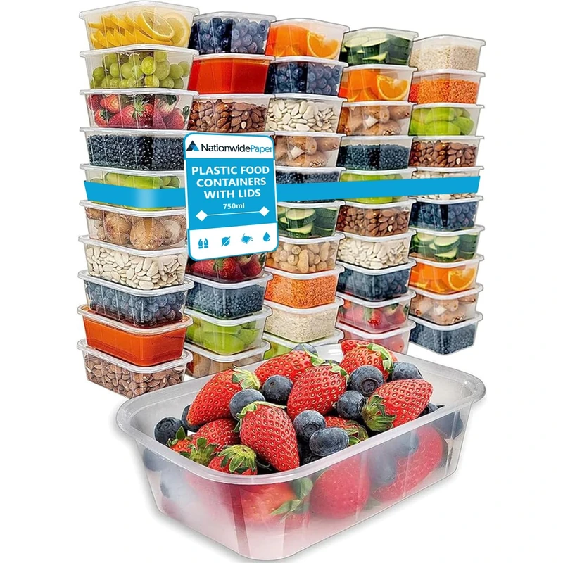 Nationwide Paper 750ml Food Containers with Lids, Plastic Reusable Rectangular Containers, Ideal For Takeaways & Restaurants, Microwave & Freezer Safe & Dishwasher Safe BPA Free Food Boxes (250 pcs)