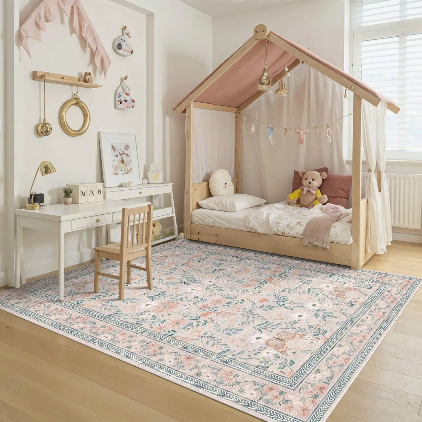 Rugxara Pink Floral 5x7 Washable Area Rug, Vintage Boho Non Slip, Low Pile Rugs for Bedroom,Girls Nursery Kids Room,Dining Room,Livingroom(Coral 5x7ft)