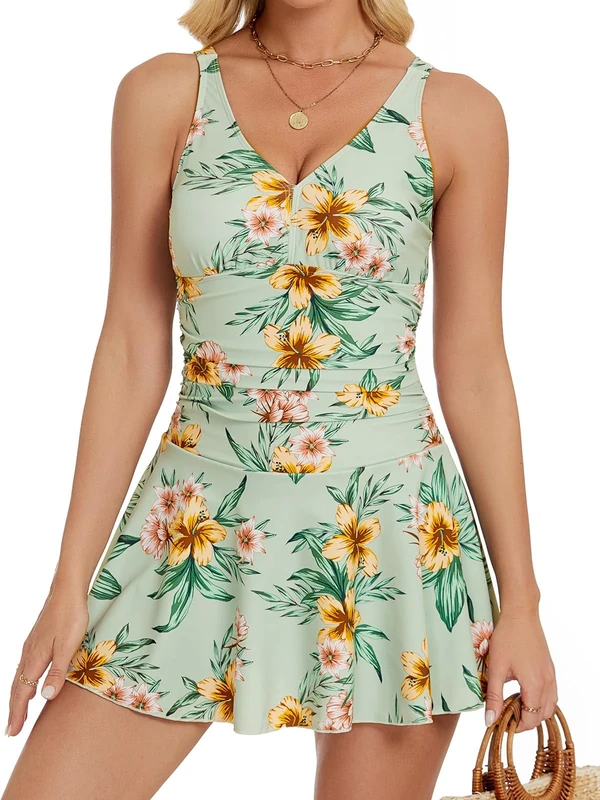 Wantonfy Women Swimdress One Piece - Tummy Control, V Neck, Shorts