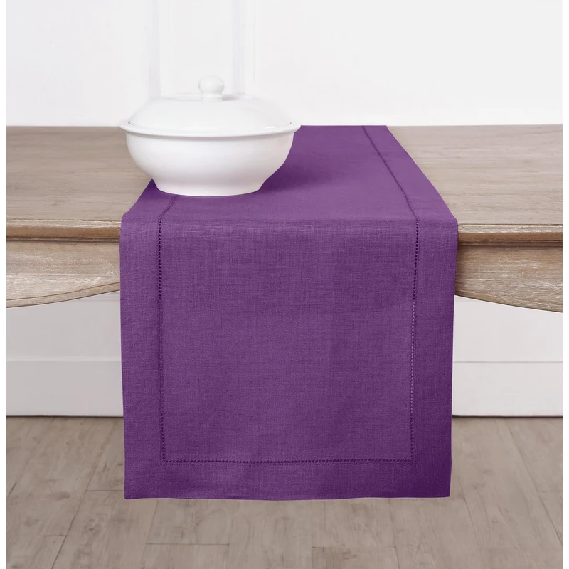Solino Home Purple Table Runner 144 Inches Long - 100% Pure Linen Extra Long Table Runner 14 x 144 Inch for Summer - Classic Hemstitch