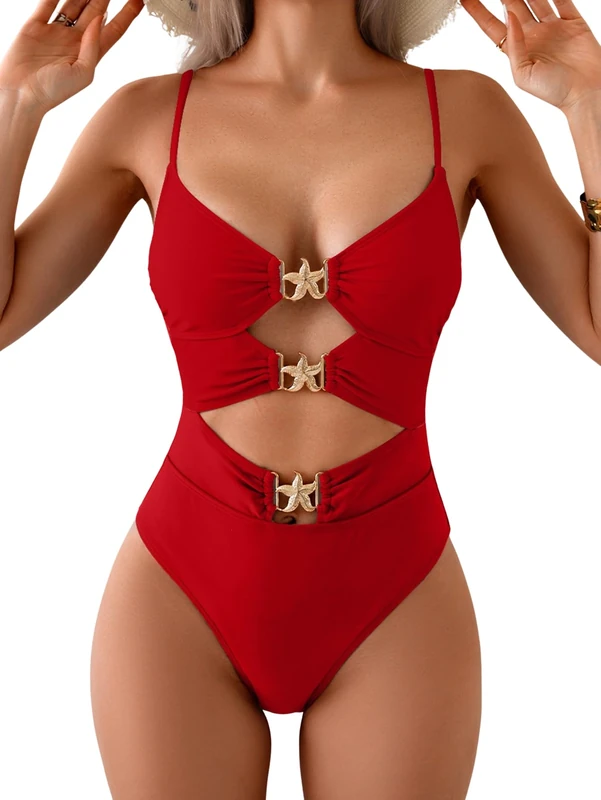 Eomenie One Piece Swimsuit for Women Cutout Monokini Sexy Bathing Suit Metal Swim Suit, Red and Golden Metal, Large