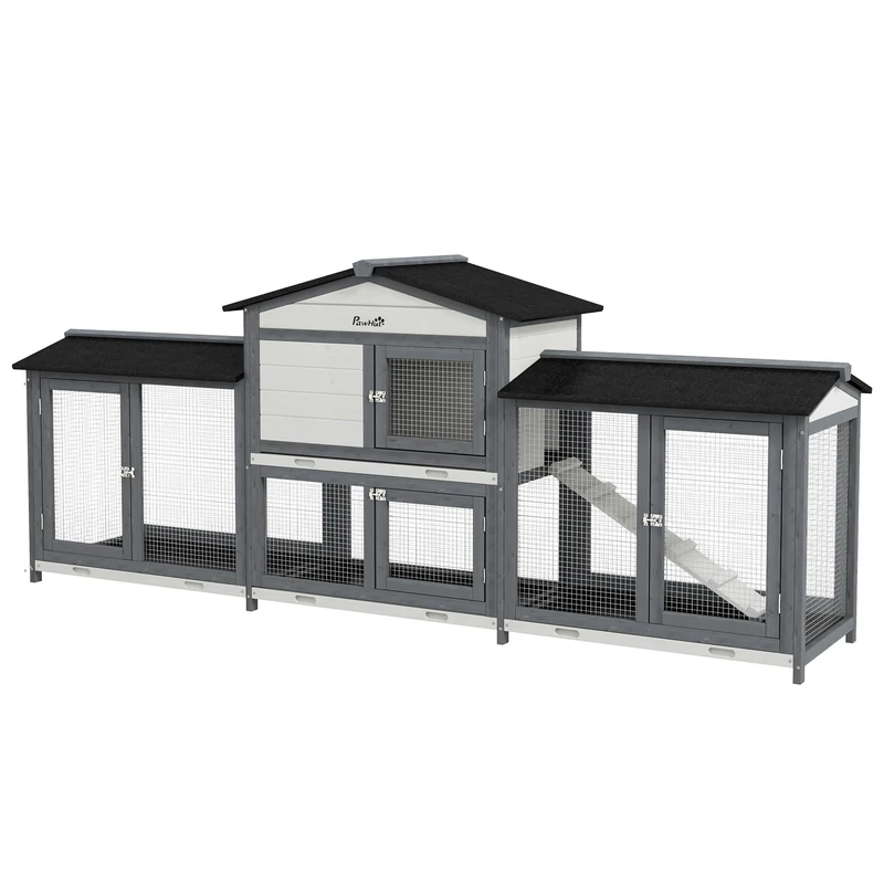 PawHut Large Rabbit Hutch Outdoor, 2-Tier Guinea Pig Hutch, Wooden Bunny Run, Small Animal House with Double Side Run Boxes, No-leak Plastic Tray, Ramp, 230 x 53 x 93.5cm, Light Grey