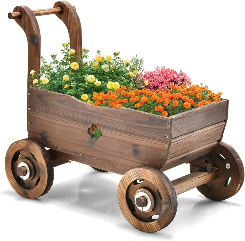 FANTASK Wooden Flower Trolley - Carbonized Fir Wood Planter