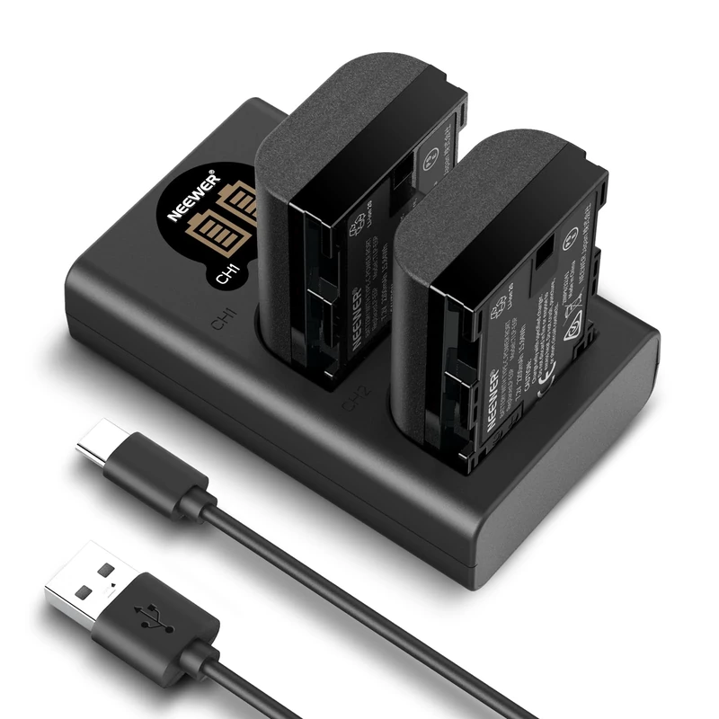 NEEWER 2 Pack 2200mAh LP-E6P/LP-E6NH/LP-E6N/LP-E6 Replacement Battery & Vertical USB Dual Charger with LCD for EOS R5 Mark II EOS R5 EOS R6 EOS R7 EOS R 5D II III IV 6D 6D II 7D 7D II 60D 70D 80D 90D