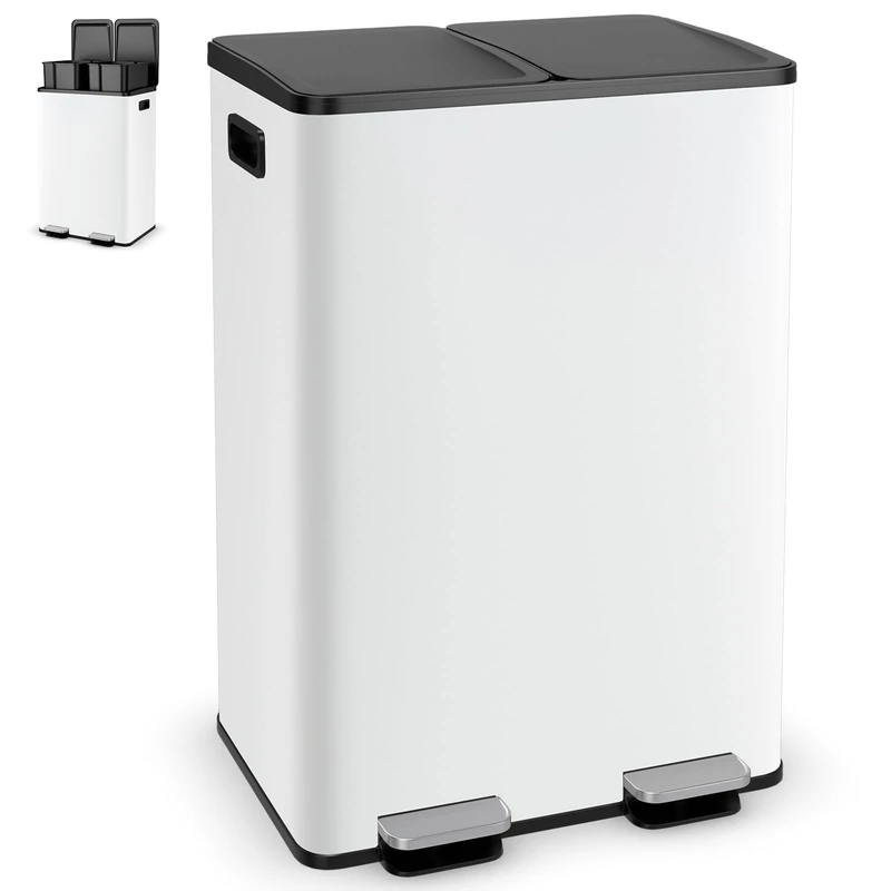 GiantexUK 60L Kitchen Pedal Bin, 2x30L Stainless Steel Recycling Rubbish Can with Detachable Inner Buckets, Handles, Deodorant Boxes & Soft Close Lids, Double Step-on Waste Dustbin for Home (White)