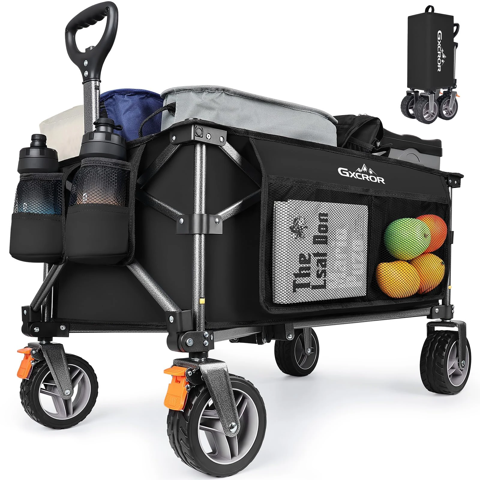 GXCROR Folding Trolley Cart - 140L Heavy Duty Collapsible Wagon with Removable 14.5cm diameter & 6cm Wide Wheels for Camping, Beach, Gardening, 130kg Capacity