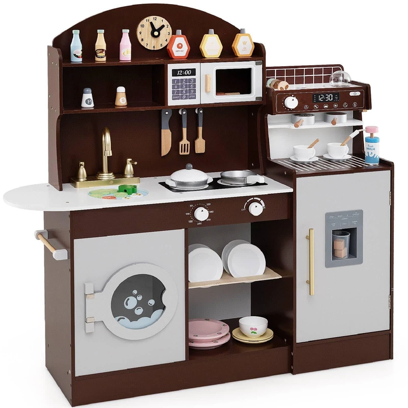GYMAX Kids Play Kitchen, Wooden Toy Kitchen with Stoves, Microwave, Washing Machine, Ice Maker, Coffee Maker, Sink and Cookware Accessories, Pretend Children Kitchen for 3+ Years Old (Brown)