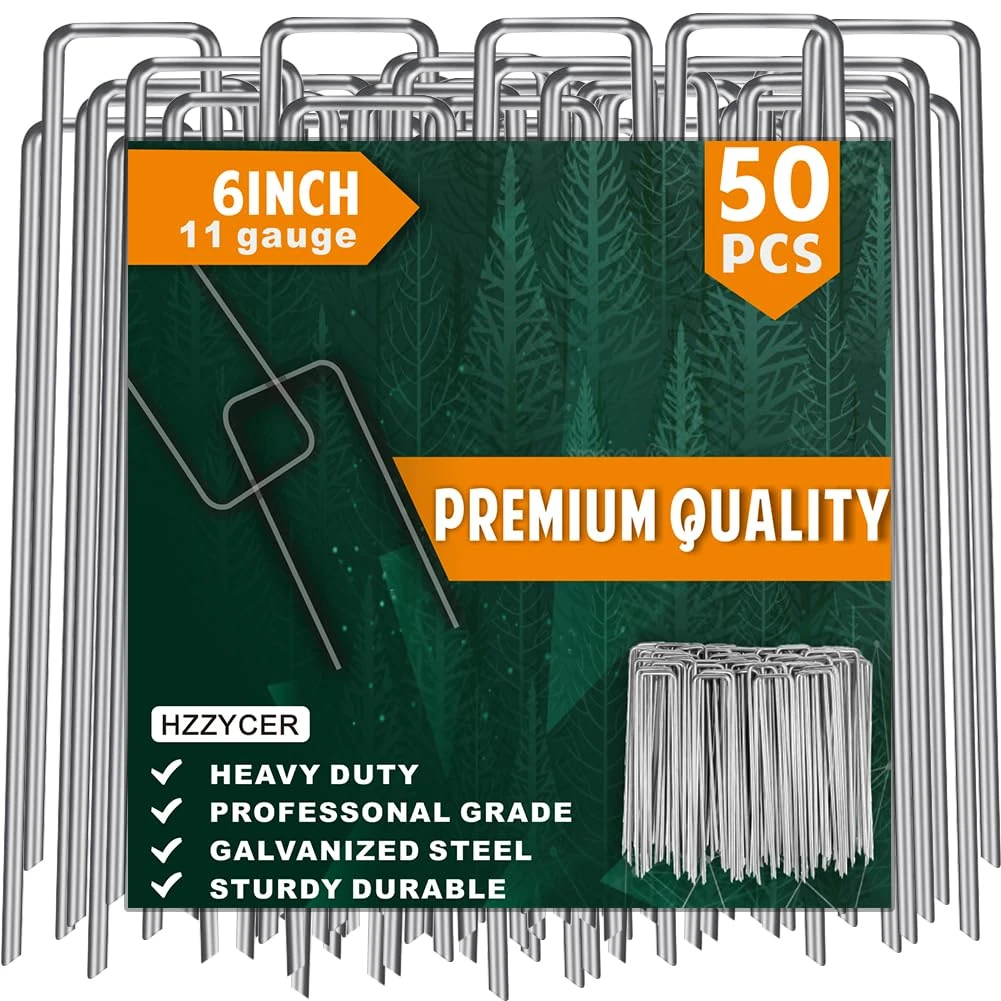 Garden Pegs, 50 Pack Weed Membrane Pegs 6 Inch/150 mm Galvanised Steel Ground Pegs Strong U-Shaped Garden Stakes for Fabric, Weed Control Membrane, Artifical Grass, Matting, Netting, Hoses