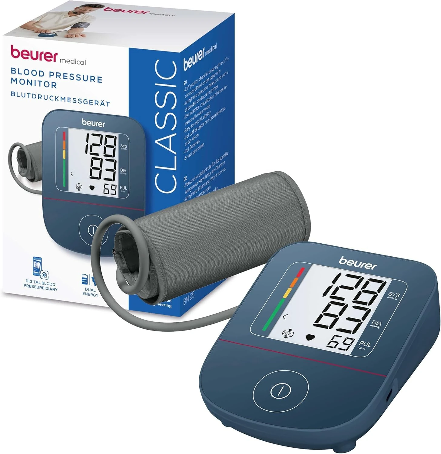 Beurer BM 25 Upper Arm Blood Pressure Monitor, simple one-button operation, accurate measurement, arrhythmia detection, with USB-C port, cuff for 22-42 cm, data transfer to Apple Health and co.