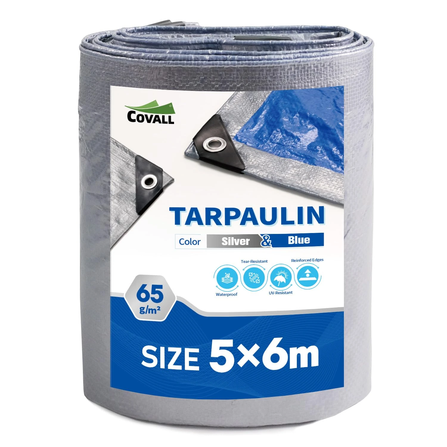 Covall Tarpaulin Light-Duty Tarp Groundsheet Sheet Cover 5x6m Waterproof 65g/m² Silver&Blue tarpaulin with eyelets Weatherproof Windproof UV-Resistant for Car Truck Rv House Tent Boat Pool