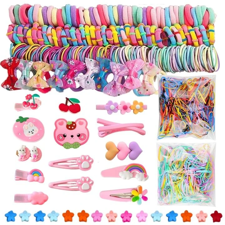 LUFFLOK 1189 Pcs Hair Bands and Bobbles Set - Colorful Elastic Ties, Cute Clips, No Damage Barrettes Accessories for Girls, Kids and Children With Fine Hair