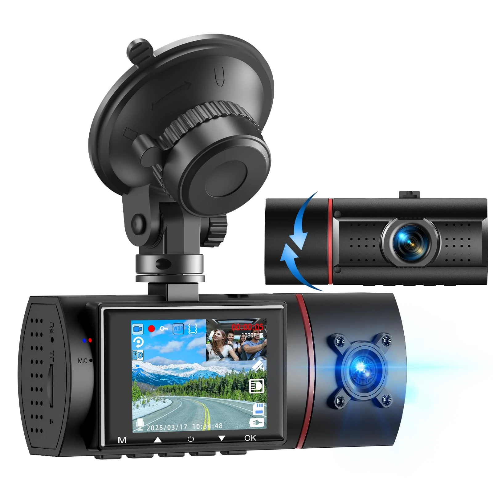 2.5K+1080P+1080P Dash Cam Front Rear and Inside, 3 Channel Dual Dash Camera for Cars WiFi Dashcams for Car W/ 64GB Card,G-Sensor,IR Night Vision (1080p-UK-X25P)