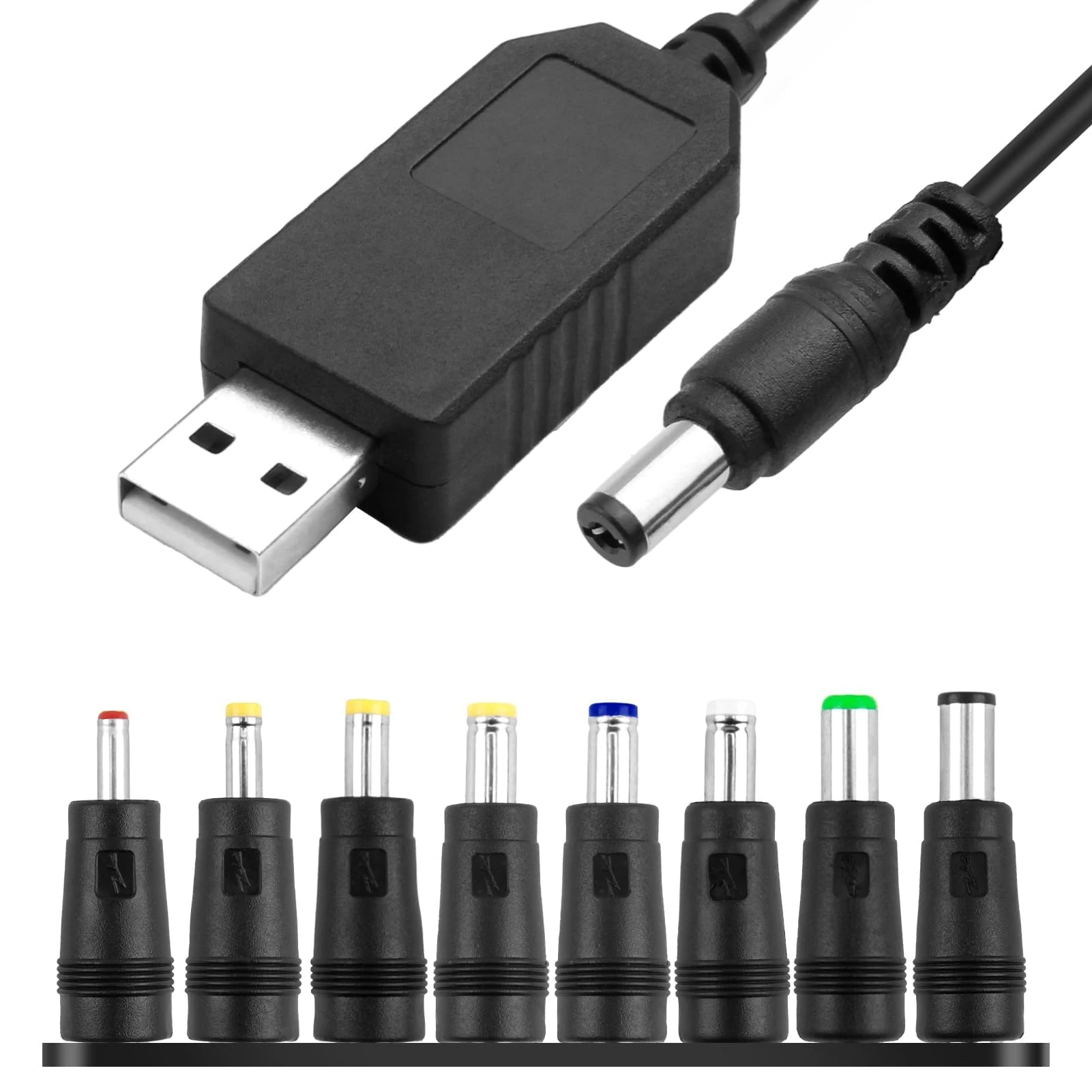 USB to DC 12V Cable 1M Universal USB to DC Power Chager Cord 5.5 X 2.1mm Plug Adapter with 8 Interchageable DC Connectors 12V Fast Charging Cable DC Adapter Compatible for Laptops Router Keyboard Toys