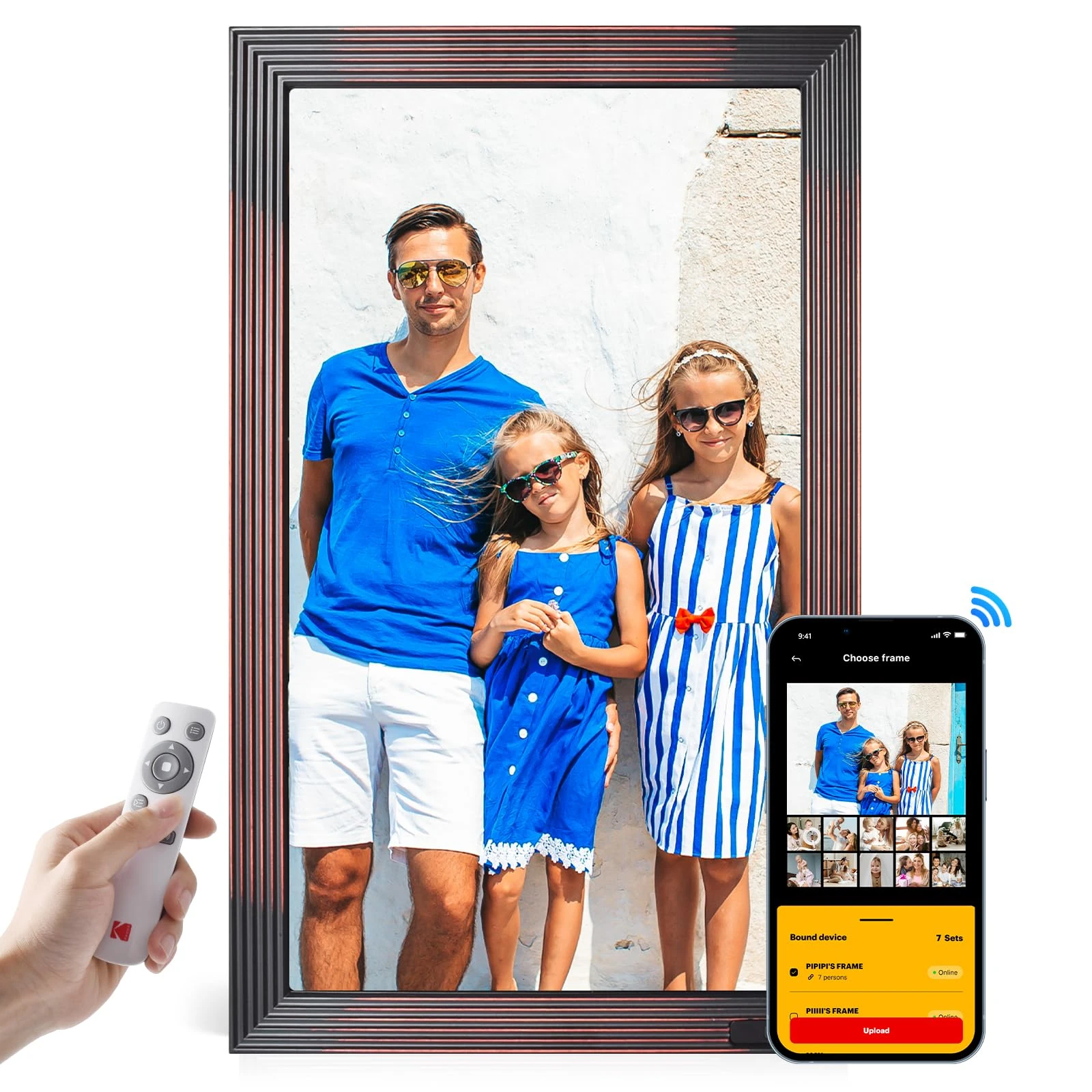 KODAK Digital Photo Frame 21.5 Inches, WiFi Electronic Picture Frame Large with 32GB Memory, FHD Wooden Digital Frame, Share Photos & Videos via APP or USB, Remote Control, Auto-Rotate, Motion Sensor