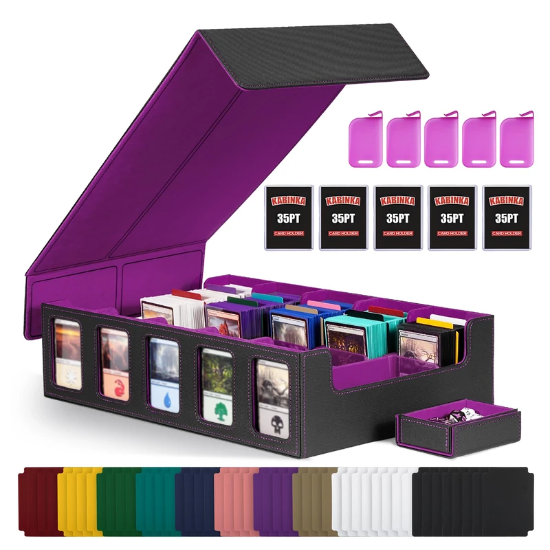 Trading Card Storage Box with Commander Display, 5-Row Deck Case with Removable Lid; 3900+ Card Deck Box for MTG TCG Sports Card, 5 Toploaders, 5 Stoppers, 48 Dividers,1 Dice Tray (Black Purple)