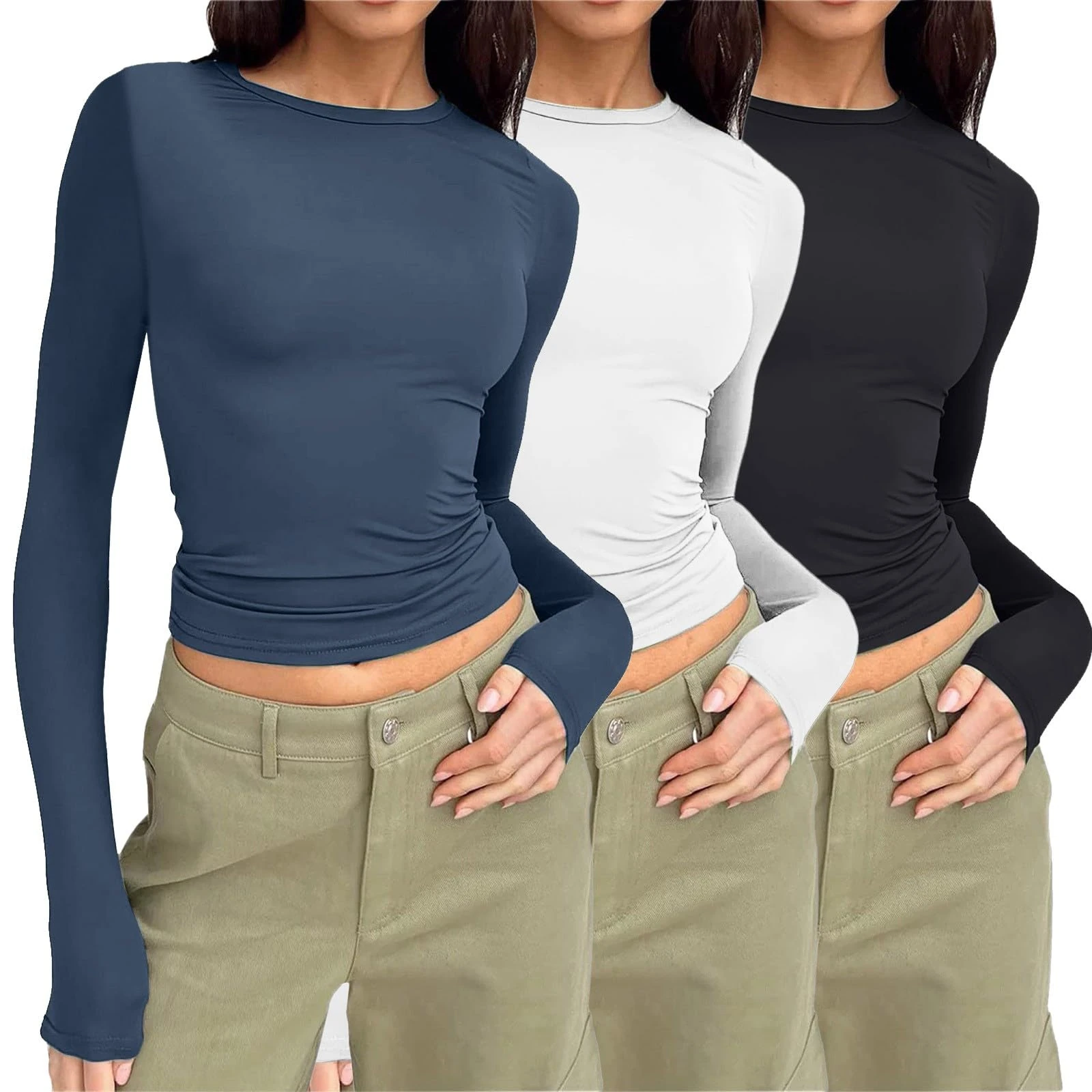 UK Womens 3 Pack Long Sleeve Tops Crew Neck Thermal Shirts Set Stretch Fitted Underscrubs Layer Tee Basics Y2K TopsXS-XL Blue