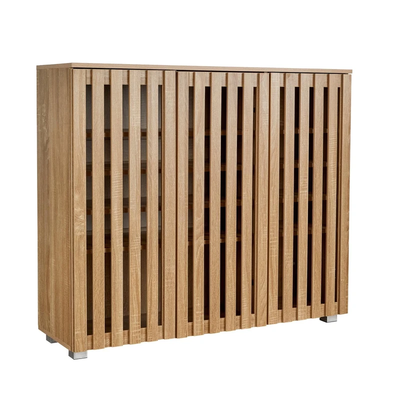 Home Source 3 Door Wooden Shoe Storage Cabinet Rack Stand, Slatted Cupboard, Oak Effect
