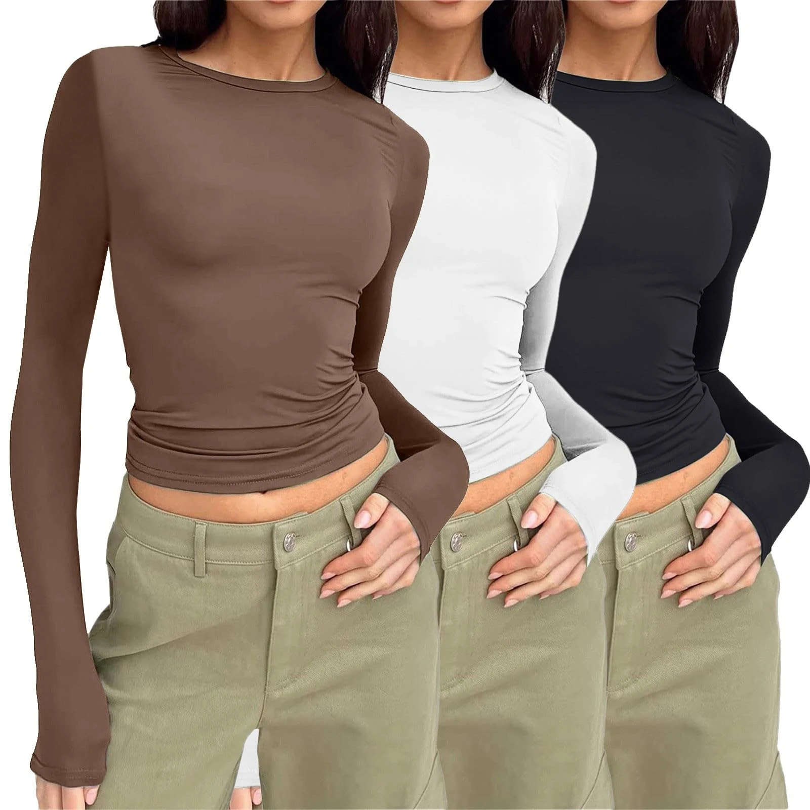 UK Womens 3 Pack Long Sleeve Tops Crew Neck Thermal Shirts Set Stretch Fitted Underscrubs Layer Tee Basics Y2K TopsXS-XL Brown