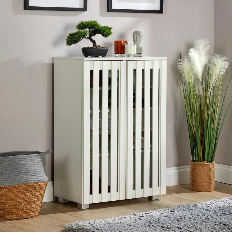Home Source 2 Door Wooden Shoe Storage Cabinet Rack Stand, Slatted Cupboard, White