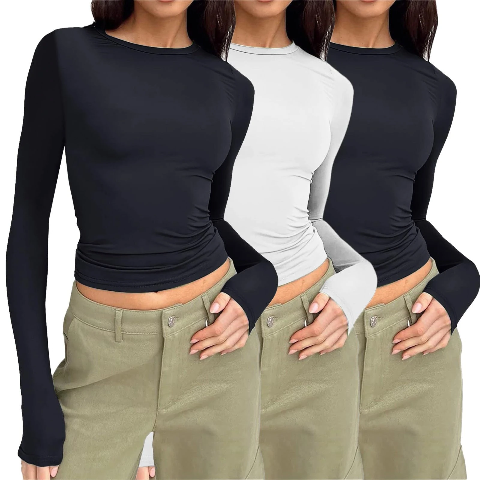 UK Womens 3 Pack Long Sleeve Tops Crew Neck Thermal Shirts Set Stretch Fitted Underscrubs Layer Tee Basics Y2K TopsXS-XL Black
