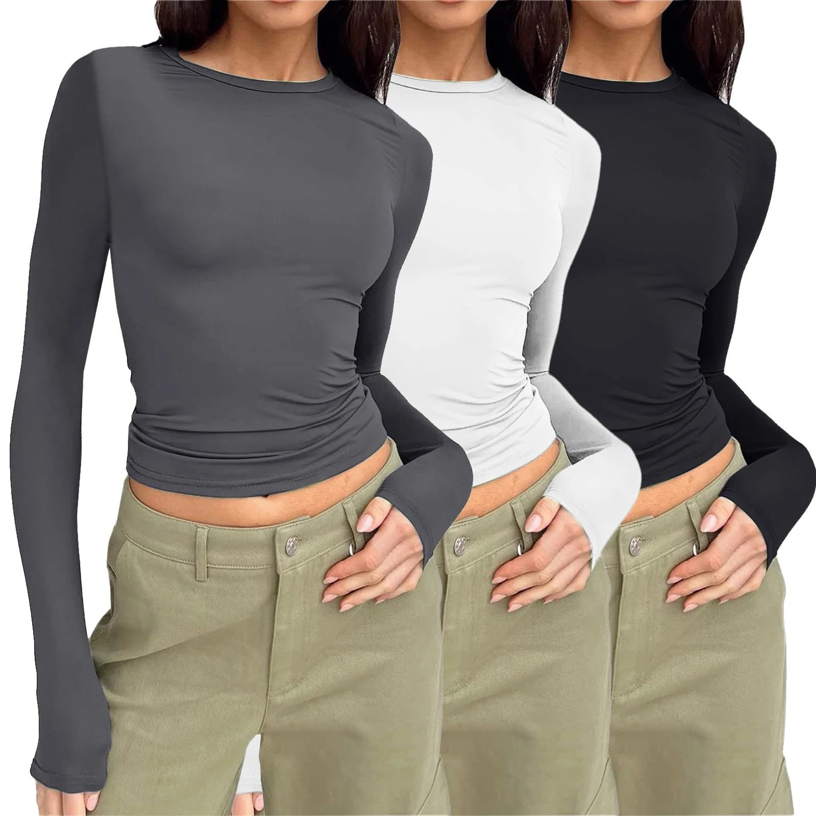UK Womens 3 Pack Long Sleeve Tops Crew Neck Thermal Shirts Set Stretch Fitted Underscrubs Layer Tee Basics Y2K TopsXS-XL Grey