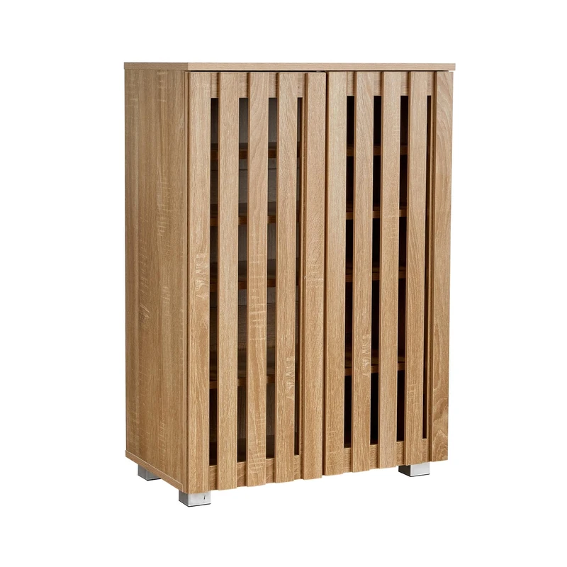 Home Source 2 Door Wooden Shoe Storage Cabinet Rack Stand, Slatted Cupboard, Oak Effect