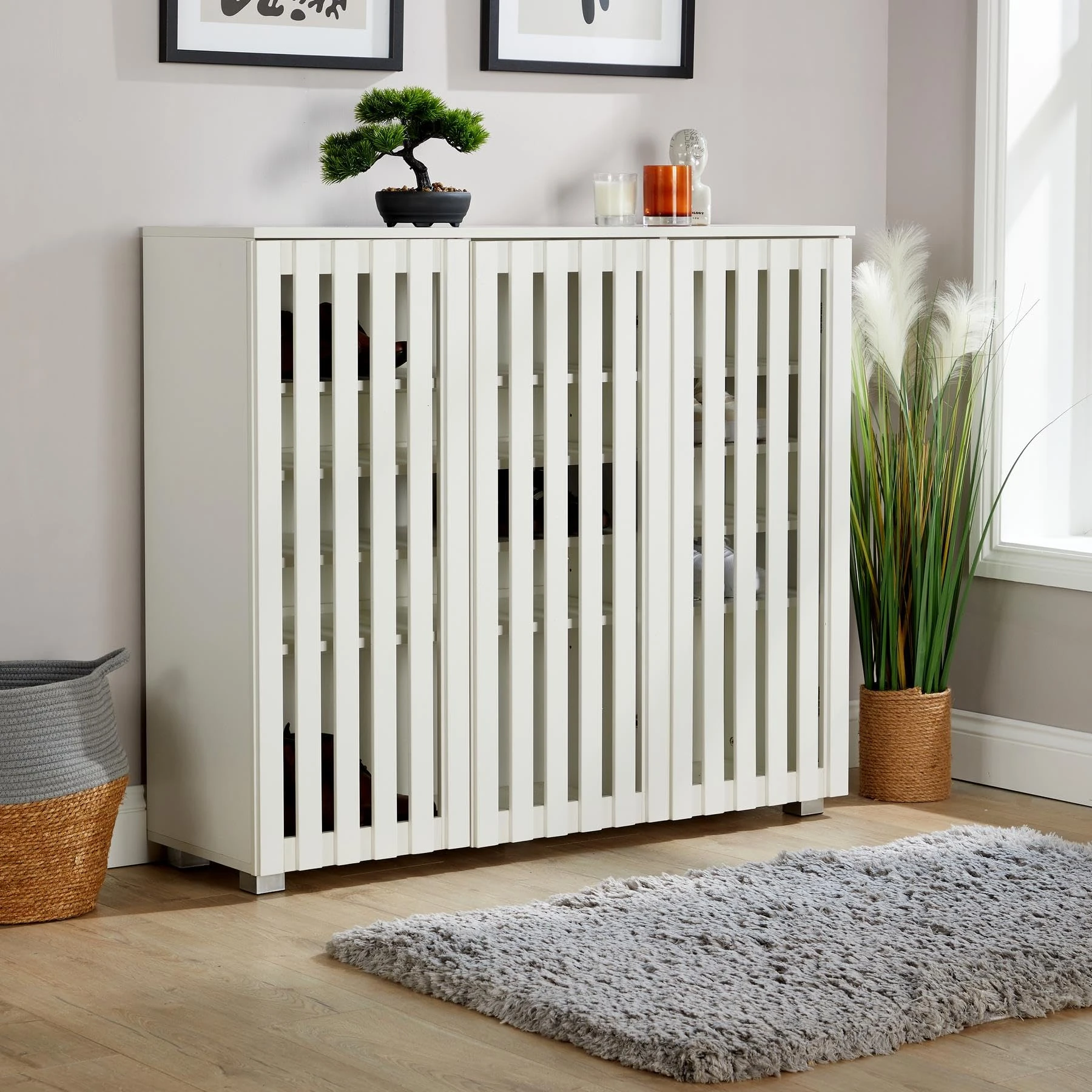 Home Source 3 Door Wooden Shoe Storage Cabinet Rack Stand, Slatted Cupboard, White
